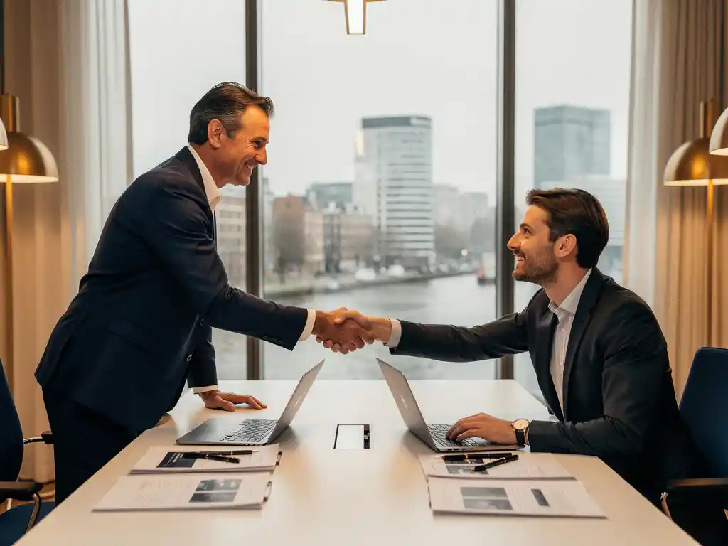 Twee professionals schudden handen aan een vergadertafel in een modern Amsterdam kantoor met uitzicht op de skyline.