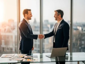 Zakelijke handdruk tussen business developer en bureau-teamleider aan glazen bureau met laptop en campagnebriefs, Amsterdams kantoor.