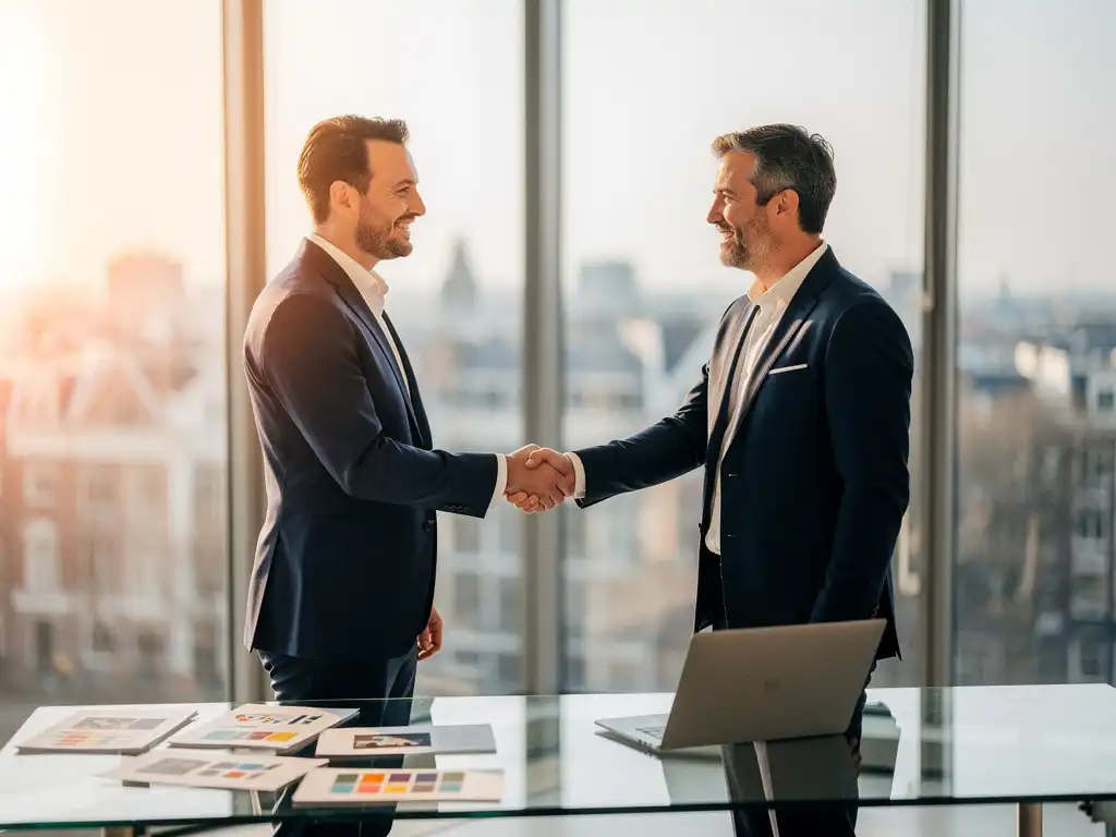 Zakelijke handdruk tussen business developer en bureau-teamleider aan glazen bureau met laptop en campagnebriefs, Amsterdams kantoor.