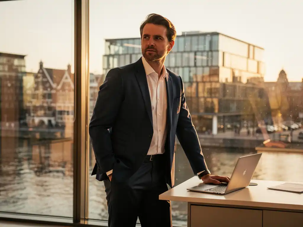 Zelfverzekerde accountmanager bij een panoramaraam met uitzicht op de Amsterdamse skyline, warm middaglicht, laptop op de voorgrond.