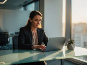 Accountmanager in blazer bekijkt kandidaatprofielen op laptop aan glazen bureau, warm gouden raamlicht met zachte schaduwen.
