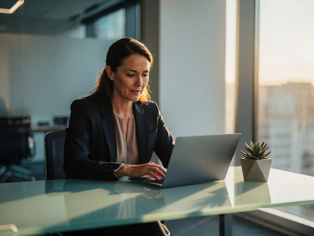 Accountmanager in blazer bekijkt kandidaatprofielen op laptop aan glazen bureau, warm gouden raamlicht met zachte schaduwen.