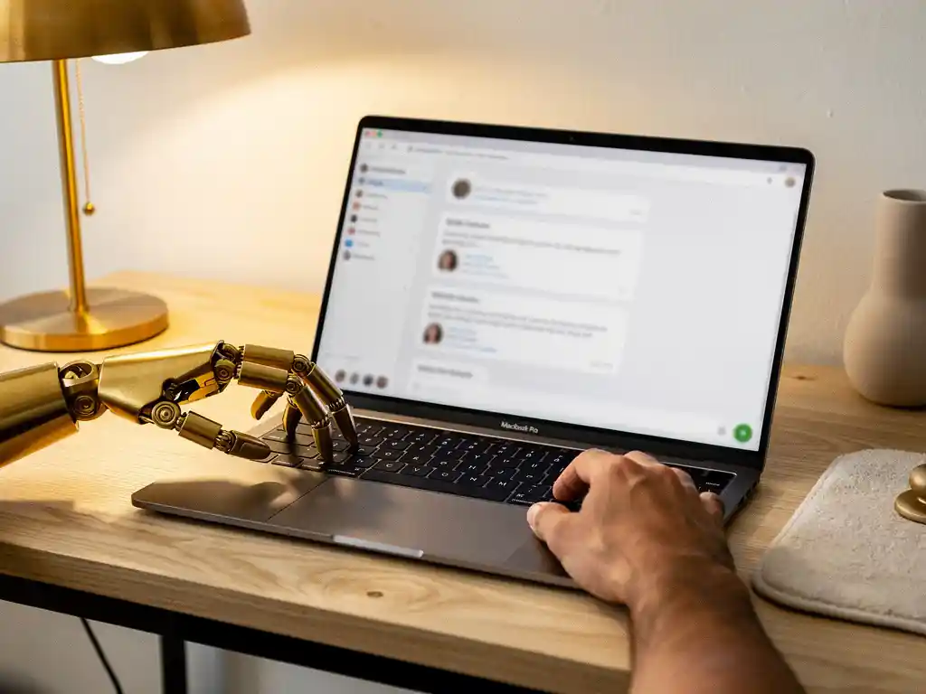 Robothand en menselijke hand bij laptop met e-mailcampagne op minimalistisch bureau, verlicht door warme amberen bureaulamp.