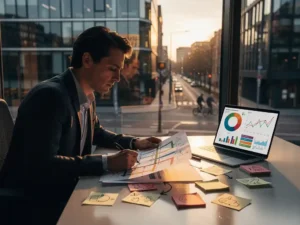 Professional bestudeert marketingroadmap op Amsterdams kantoor met laptop vol analytics, plakbriefjes en stadsgezicht op de achtergrond.