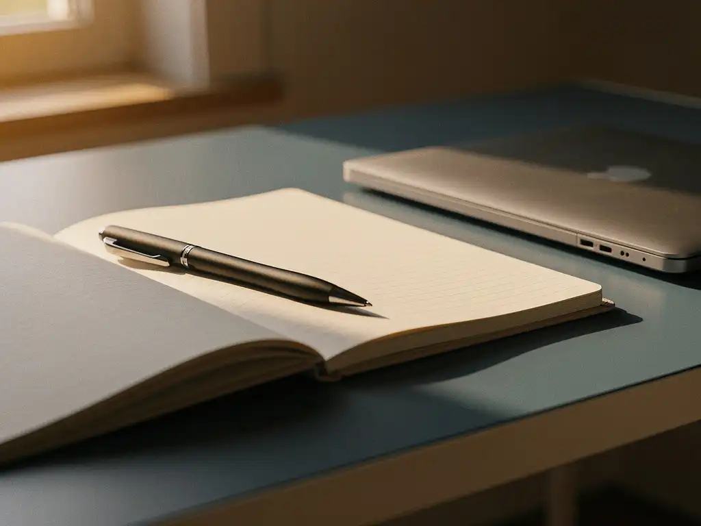 Open notitieboek met pen naast een laptop op een minimalistisch bureau, verlicht door natuurlijk raamlicht.
