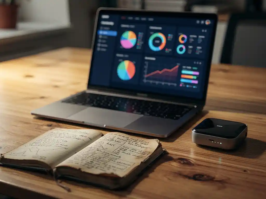 Bureau van een datawetenschapper met laptop waarop marketingdashboards zichtbaar zijn, notitieboek en AI-analyseapparaat in warm kantoorlicht.