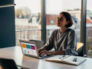 Digitale marketingprofessional in Amsterdam kantoor met campagnedashboard op laptop en planner, in gedachten verzonken bij groot raam.