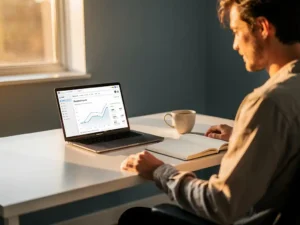 Digitale marketingprofessional analyseert campagnedashboards op laptop aan wit bureau met koffie en notitieboek in ochtendlicht.