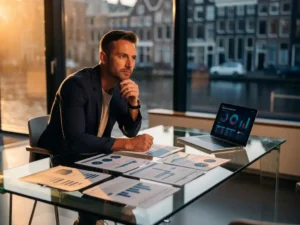 Digitale transformatiespecialist leunt peinzend over glazen bureau met strategische roadmapdocumenten in modern Amsterdams kantoor.