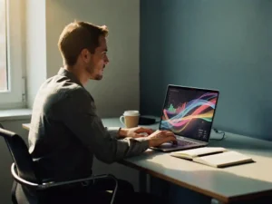 E-mailmarketeer aan modern bureau met laptop waarop datastromen zichtbaar zijn, koffiekop en notitieboek nearby, warm kantoorlicht.