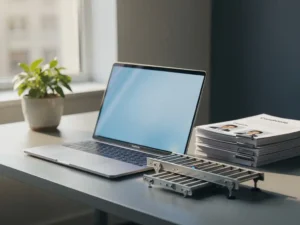 Laptop op een minimalistisch Nederlands bureau omringd door kandidaatmappen, miniatuur transportband en een kamerplant.