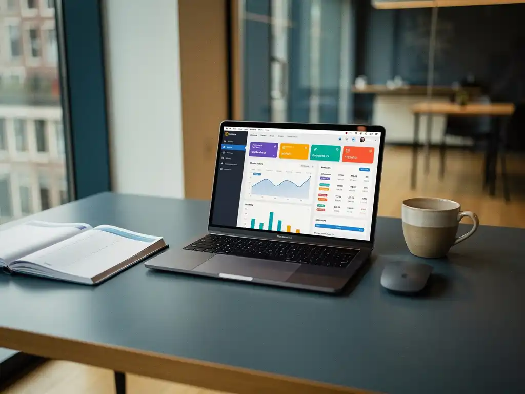 Moderne marketingwerkplek met laptop waarop campagne-dashboards draaien, ongebruikte planner en koffiekopje in Amsterdams kantoor met natuurlijk daglicht.