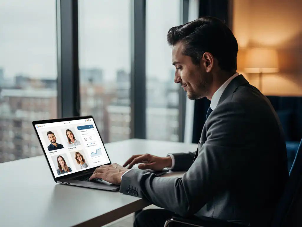 Accountmanager in blazer bekijkt kandidaatprofielen op laptop met AI-dashboard in modern Amsterdams kantoor met vloer-tot-plafond ramen.