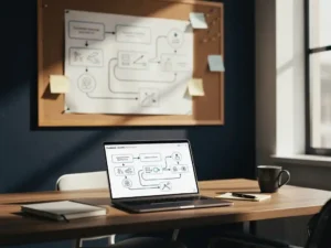 Georganiseerd bureau met een customer journey map op kurkbord en laptop met geautomatiseerde workflowdiagrammen in warm kantoorlicht.