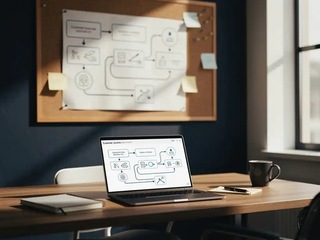 Georganiseerd bureau met een customer journey map op kurkbord en laptop met geautomatiseerde workflowdiagrammen in warm kantoorlicht.