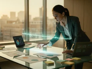 Vrouw bestudeert verlichte tijdlijn op glazen bureau met customer journey maps en sticky notes in modern Amsterdams kantoor.