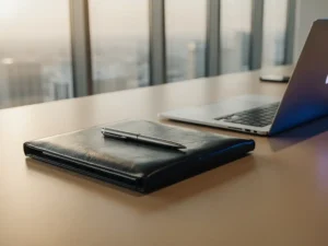 Leren portfolio en laptop op een minimalistisch bureau met zacht ochtendlicht en een branded pen, premium kantooratmosfeer.