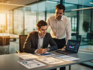 Jonge professional aan modern bureau bestudeert workflowdocumenten naast laptop met dashboards, mentor legt hand op schouder, Amsterdam kantoor.