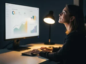 Marketingprofessional pauzeert peinzend achter modern bureau met groeидашboard op monitor, verlicht door warme amberkleurige lamp.

Wait, let me redo that without Cyrillic characters:

Marketingprofessional pauzeert peinzend achter modern bureau met groeidashboard op monitor, verlicht door warme amberkleurige lamp.