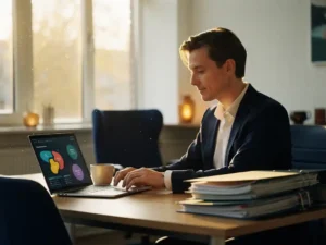 Nederlandstalige professional pauzeert bij laptop met geautomatiseerde workflows in modern Amsterdams kantoor met warme ochtendverlichting.