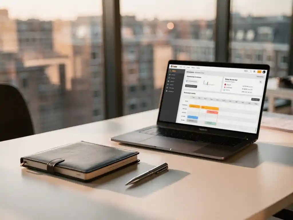 Leren notitieboek en pen naast laptop met planningsdashboard op clean bureau in modern Amsterdam kantoor.