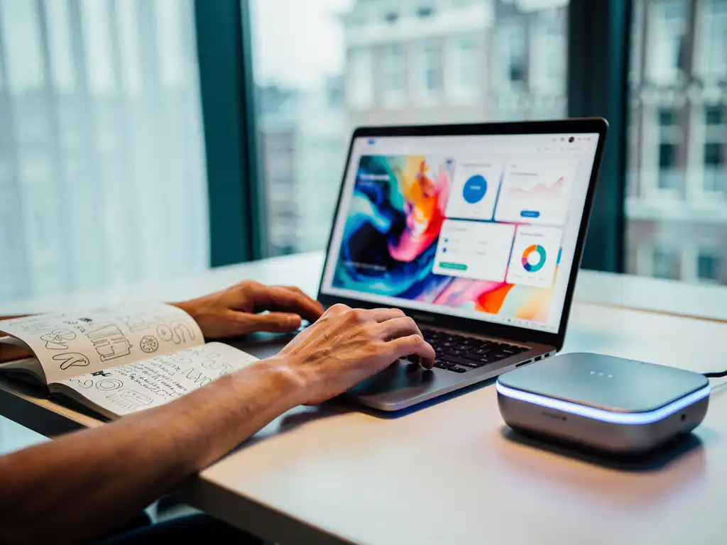 Marketeer aan modern bureau met laptop vol campagnedashboards, notitieboek en gloeiend AI-apparaat in Amsterdams kantoor met daglicht.