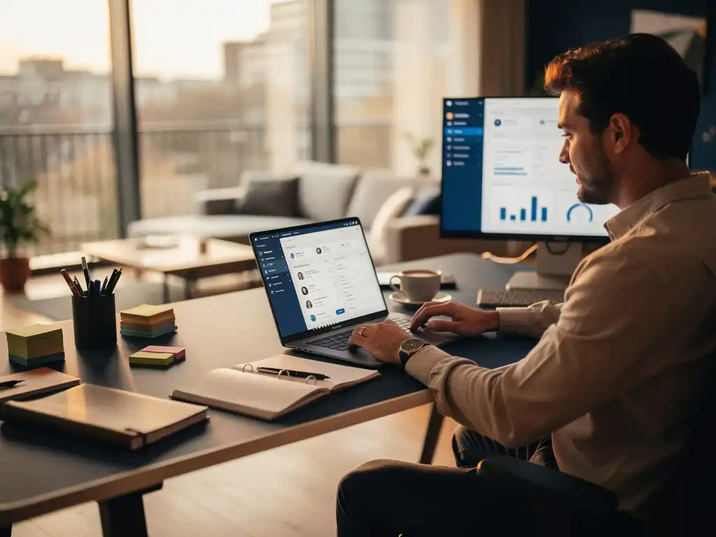 Performance marketeer bekijkt campagnedashboards op laptop aan modern Amsterdam bureau, koffie en planner nabij, zacht ochtendlicht.
