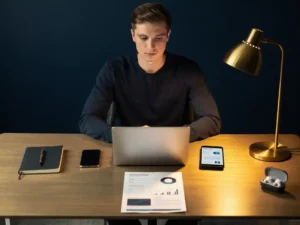 Professional aan modern bureau met laptop, smartphone, notitieboek, analytics-rapport en oordopjes in gouden lamplight.