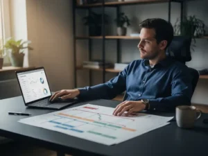 Product Owner leunt nadenkend achterover aan modern bureau met uitgeprinte roadmap naast laptop met datadashboard.