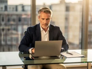 Professional in blazer beoordeelt kandidatendossier en laptop op glazen bureau in modern Amsterdams kantoor met vloer-tot-plafondvensters.