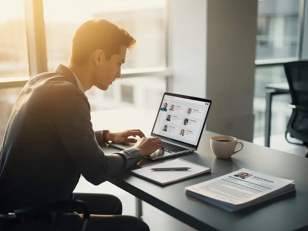 Jonge professional aan modern bureau met laptop, cv en notitieblok, beoordeelt kandidatenprofielen in zonnig kantoor.