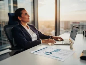 Revenue Operations Manager denkt strategisch na aan modern bureau met laptop, dashboard en schaakstuk, warm kantoorlicht op de achtergrond.
