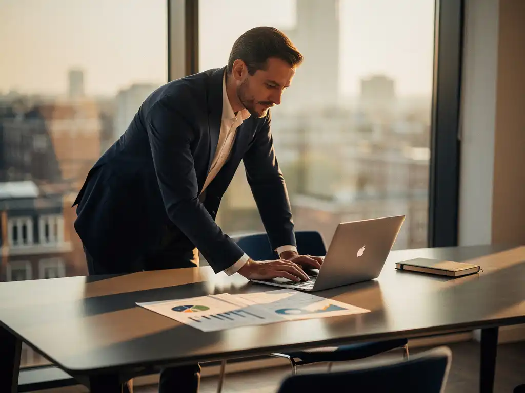 RevOps-manager leunt peinzend over modern bureau met laptop, dashboard-uitdraai en notitieboek in licht Amsterdams kantoor.