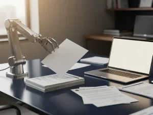 Robotarm sorteert cv's op modern kantoorbureau met laptop en verspreide documenten, zachte natuurlijke belichting.