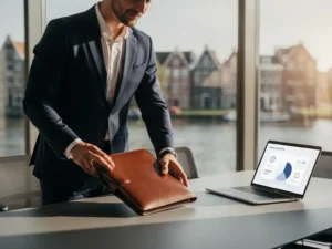 Verkoopprofessional legt leren portfolio op vergadertafel in modern Amsterdams kantoor met AI-interface op laptopscherm.