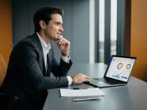 Verkoopprofessional aan Amsterdams bureau met CRM-dashboard op laptop naast handgeschreven prospectlijst en pen, natuurlijk daglicht.