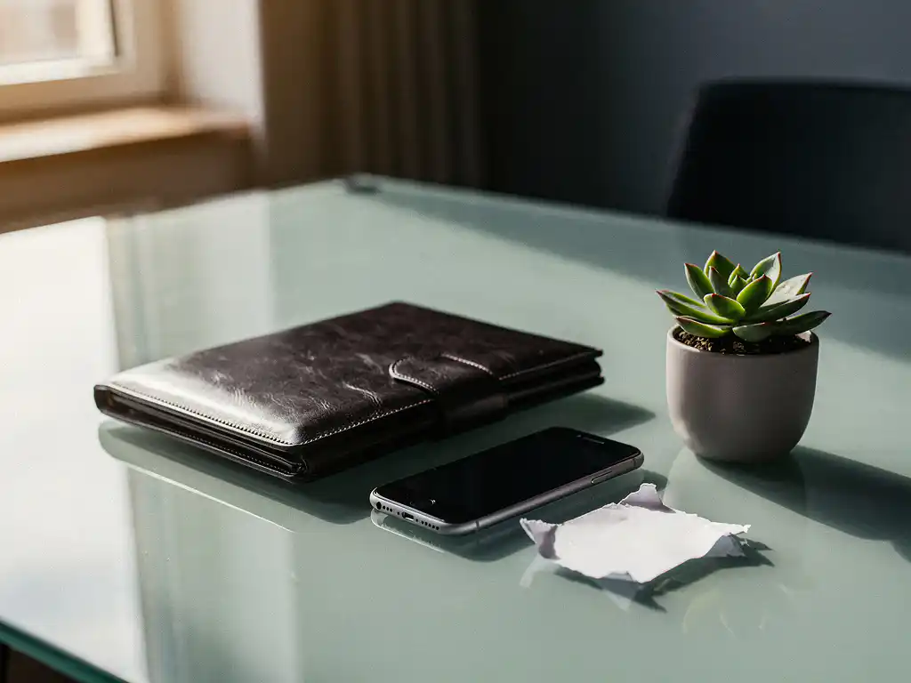Lederen portfolio en smartphone op glazen bureau naast een verwelkt visitekaartje en bloeiende vetplant, modern kantoor.