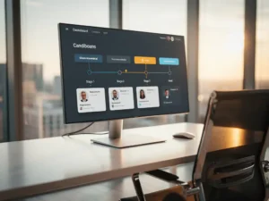 Leeg bureau met monitor waarop een recruitmentdashboard autonoom kandidaatkaarten verwerkt, warm amberkleurig kantoorlicht.