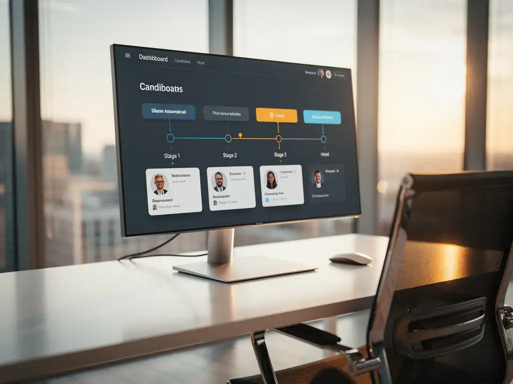 Leeg bureau met monitor waarop een recruitmentdashboard autonoom kandidaatkaarten verwerkt, warm amberkleurig kantoorlicht.