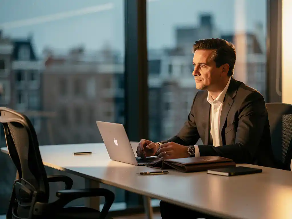 Zakenontwikkelingsmanager in pak pauzeert nadenkend aan modern bureau met leren portfolio en laptop, Amsterdams kantoor met vloer-tot-plafondvensters.