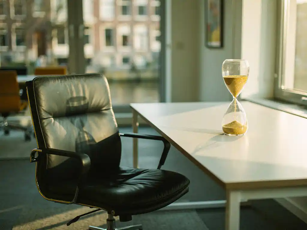 Lege leren bureaustoel naast modern bureau met zandloper in Amsterdam kantoor, warm middaglicht en ondiepe scherptediepte.